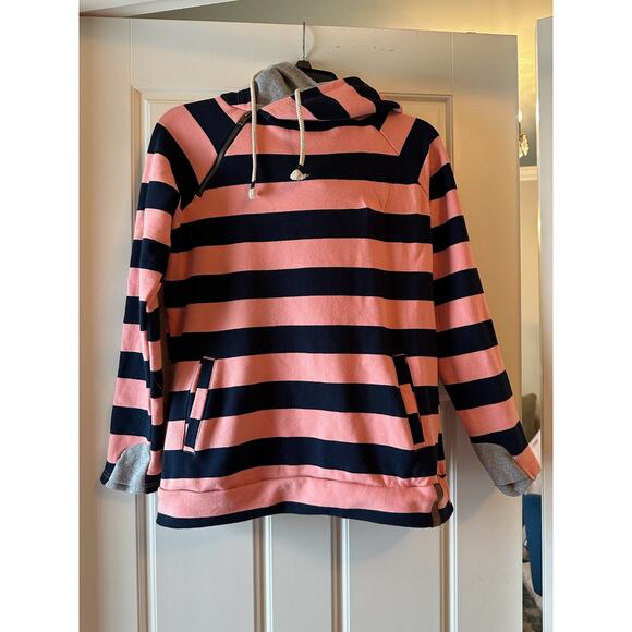 Women's & Ampersand Ave Double Hood L/S Striped Hoodie, Size L-‎ Coral/Navy - Picture 1 of 11
